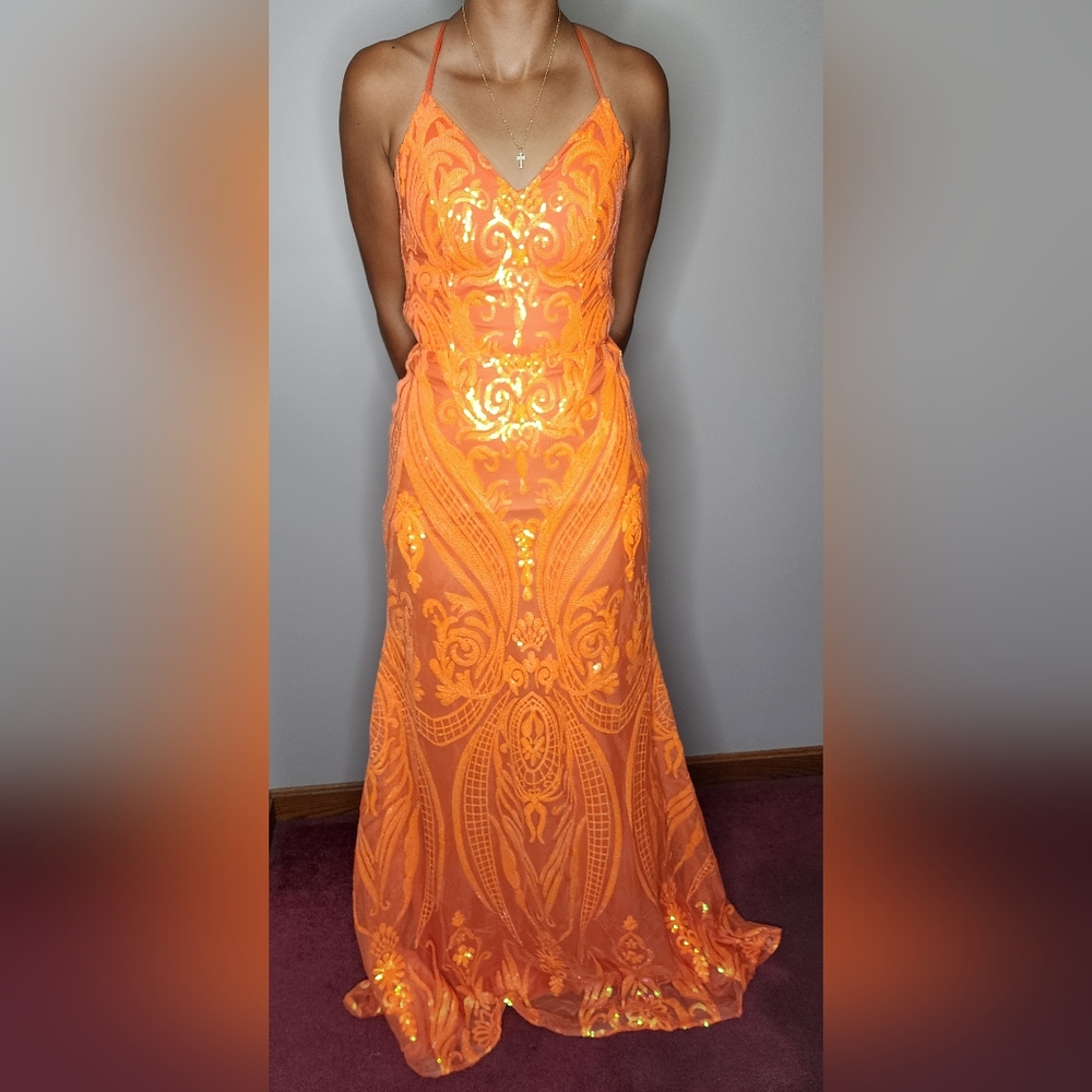 Vibrant Orange Sequin Prom Dress